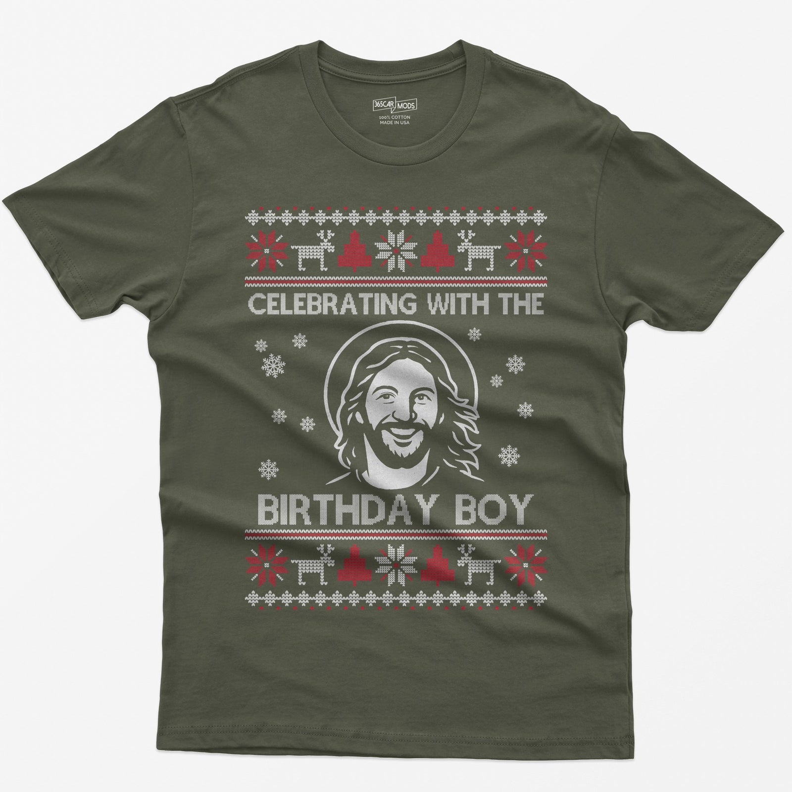 Military Green t-shirt with ugly sweater style print of a smiling Jesus with halo and the words Celebrating With The Birthday Boy