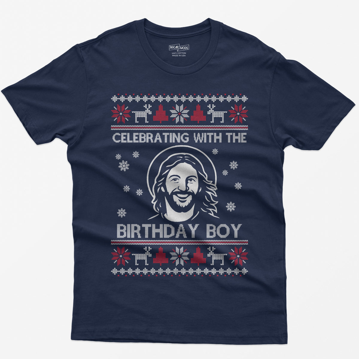 Navy t-shirt with ugly sweater style print of a smiling Jesus with halo and the words Celebrating With The Birthday Boy