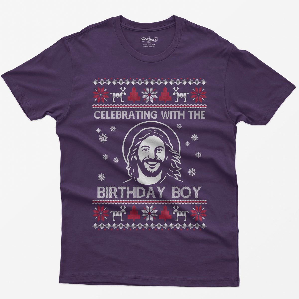 Purple t-shirt with ugly sweater style print of a smiling Jesus with halo and the words Celebrating With The Birthday Boy
