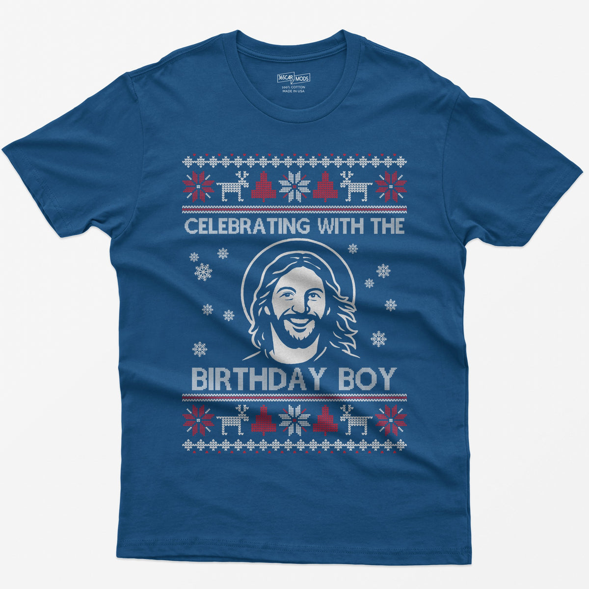Royal t-shirt with ugly sweater style print of a smiling Jesus with halo and the words Celebrating With The Birthday Boy
