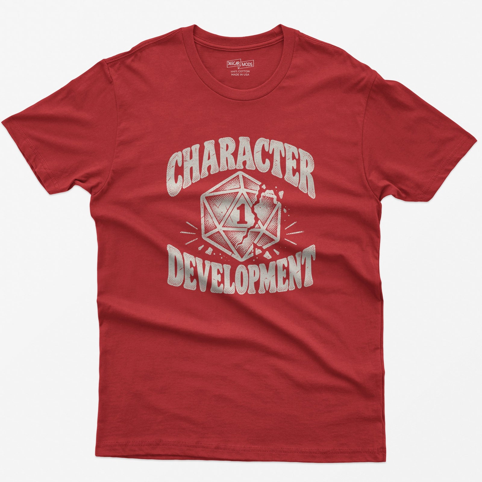 Character Development T-Shirt | Nat 1 D20 Tabletop RPG Tee in red with a cracked d20 die design.