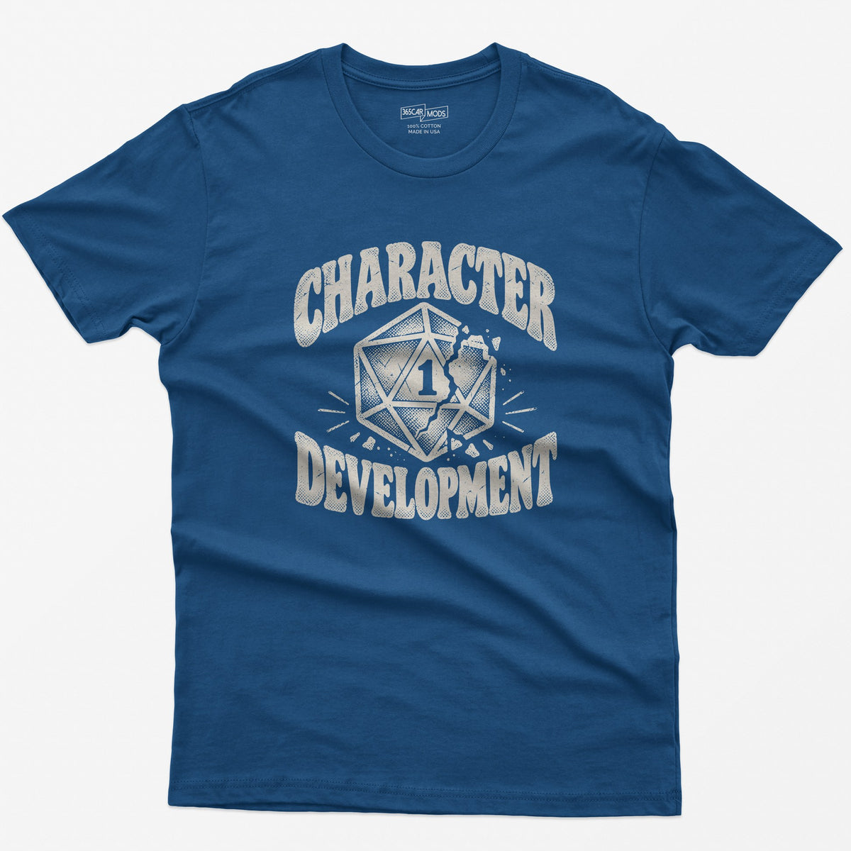 Character Development T-Shirt | Nat 1 D20 Tabletop RPG Tee in royal blue with a cracked d20 die design.