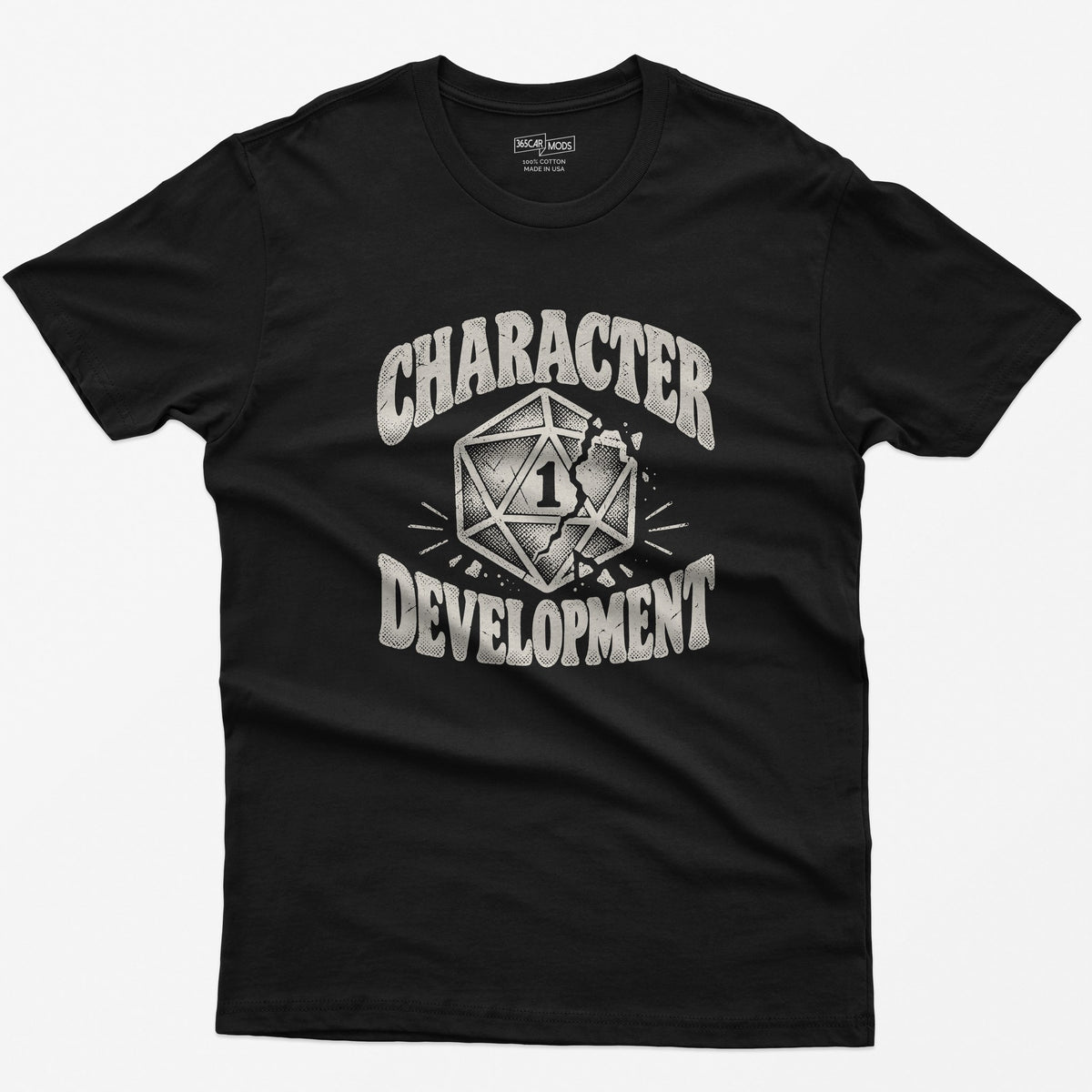 Character Development T-Shirt | Nat 1 D20 Tabletop RPG Tee in black with a cracked d20 die design.