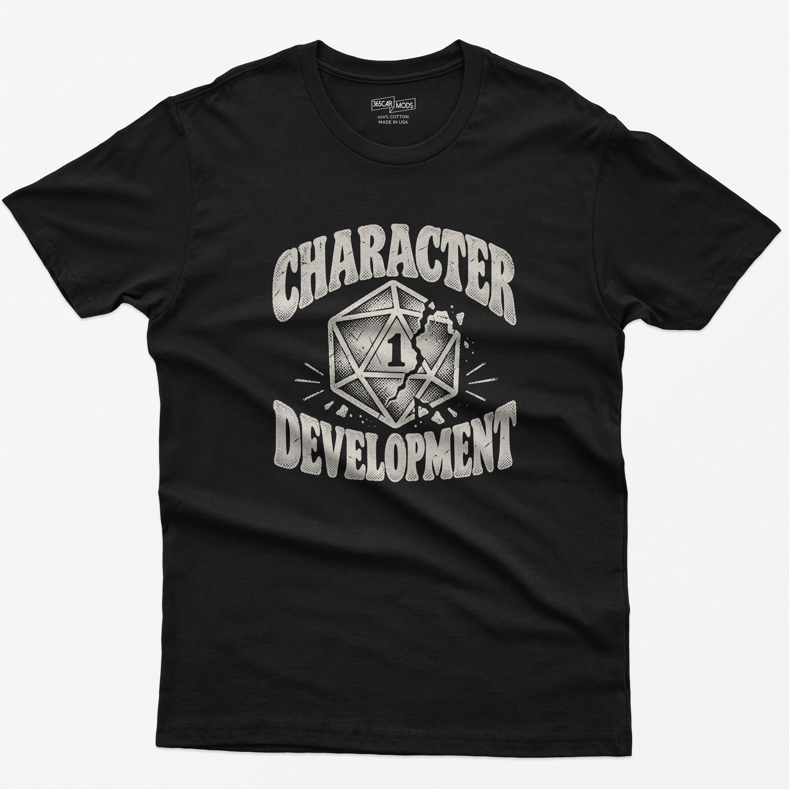 Character Development T-Shirt | Nat 1 D20 Tabletop RPG Tee in black with a cracked d20 die design.