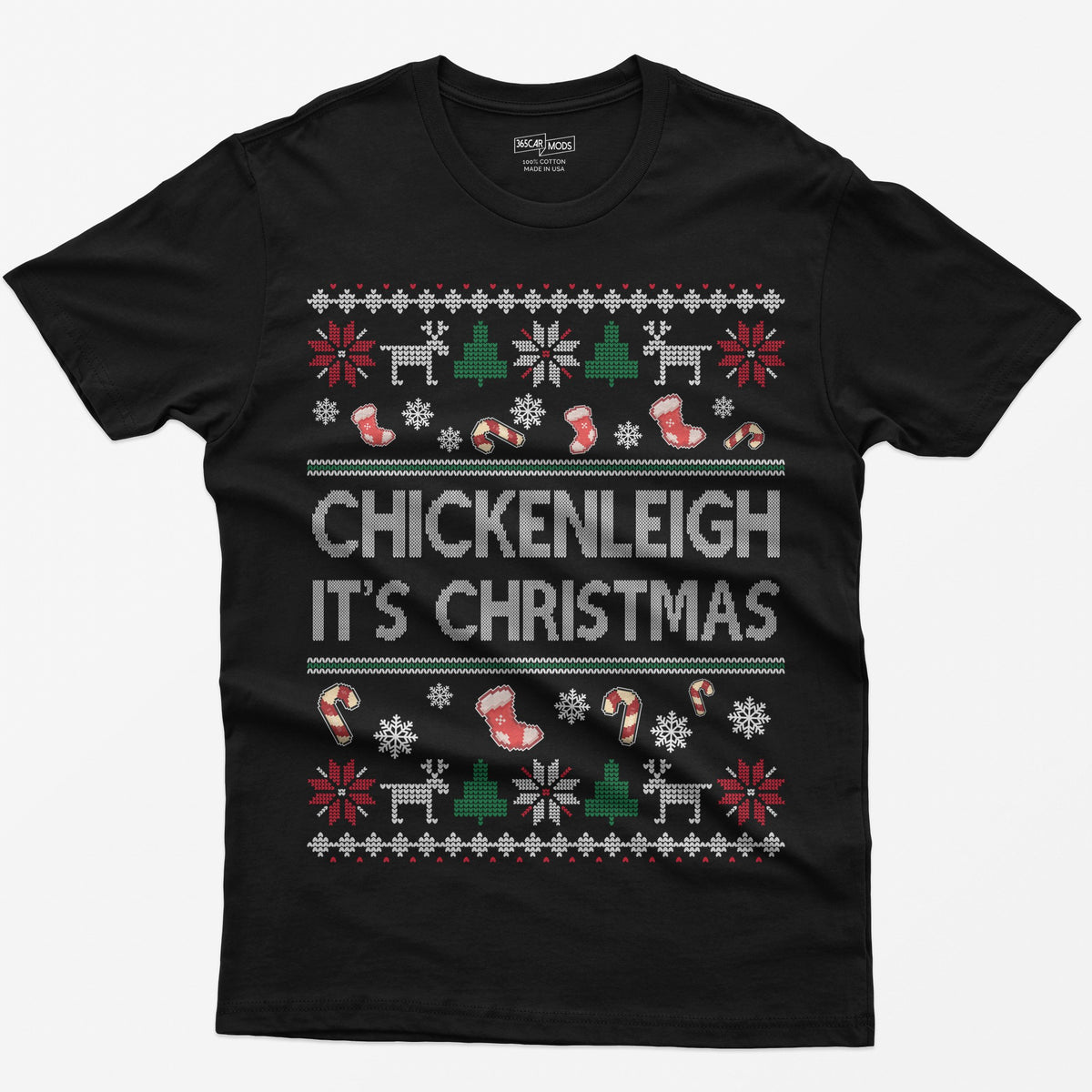 Black t-shirt with Chickenleigh It's Christmas in knit-style letters with stockings, candy canes, reindeer and trees