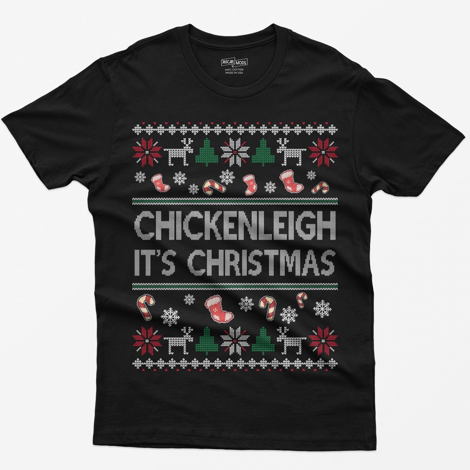 Black t-shirt with Chickenleigh It's Christmas in knit-style letters with stockings, candy canes, reindeer and trees