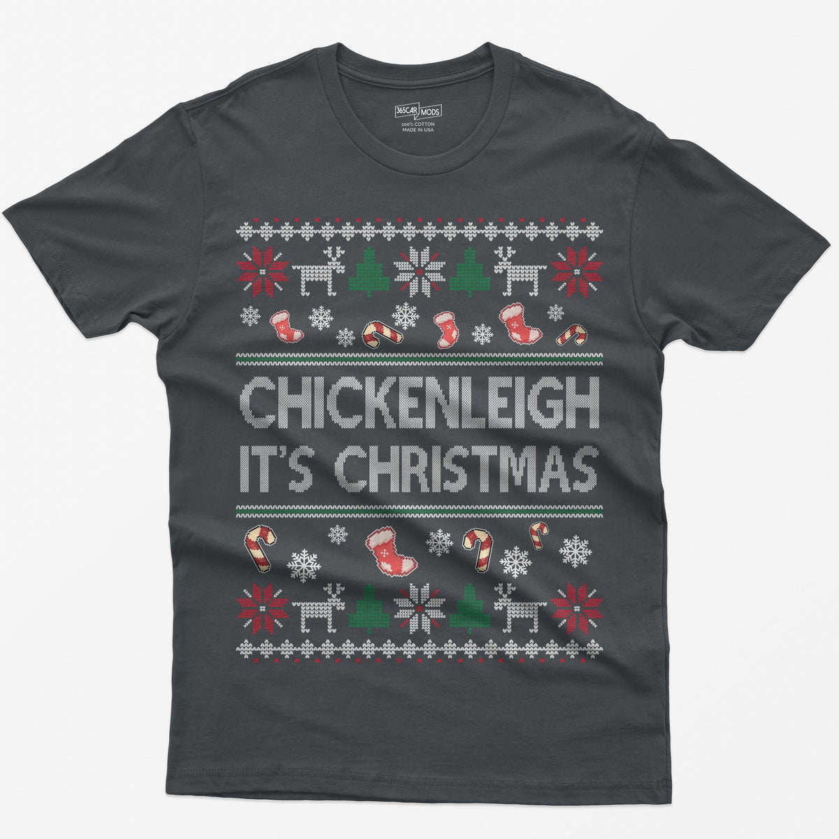 Charcoal t-shirt with Chickenleigh It's Christmas in knit-style letters with stockings, candy canes, reindeer and trees