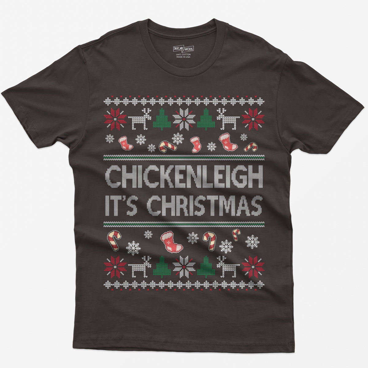 Dark Chocolate t-shirt with Chickenleigh It's Christmas in knit-style letters with stockings, candy canes, reindeer and trees