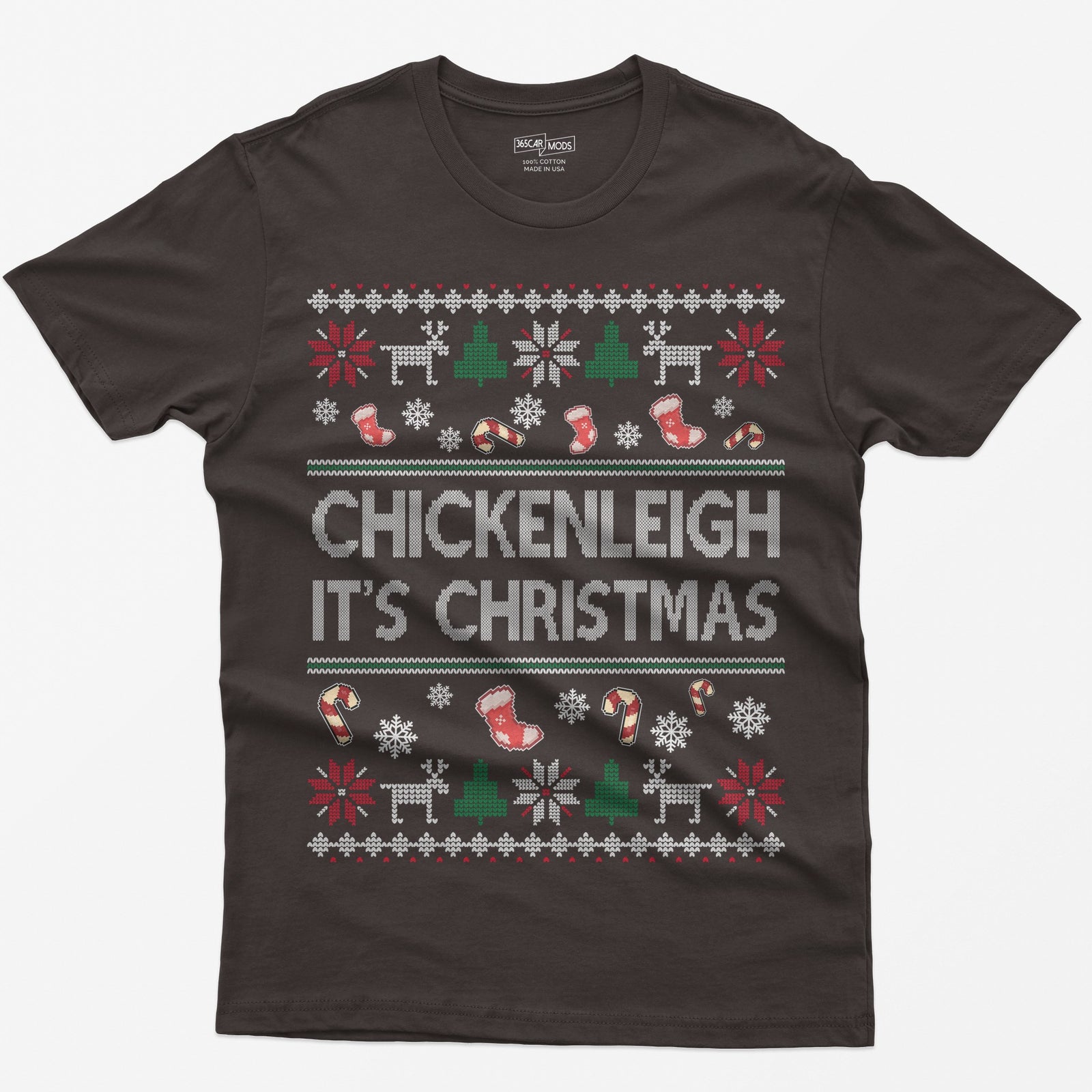 Dark Chocolate t-shirt with Chickenleigh It's Christmas in knit-style letters with stockings, candy canes, reindeer and trees