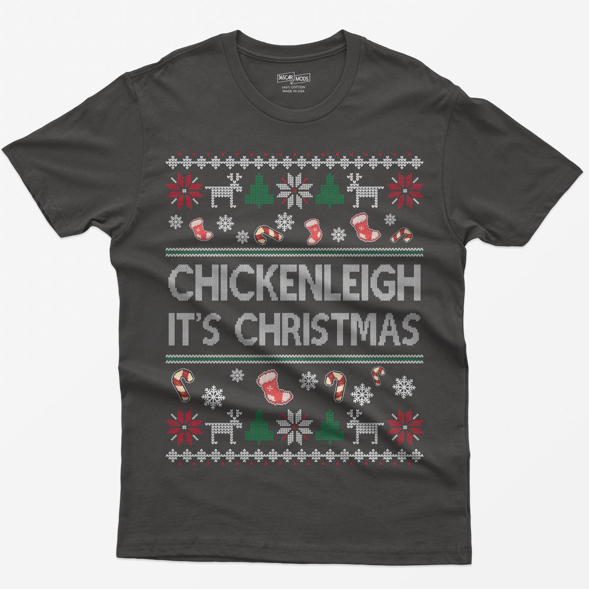 Dark Heather t-shirt with Chickenleigh It's Christmas in knit-style letters with stockings, candy canes, reindeer and trees