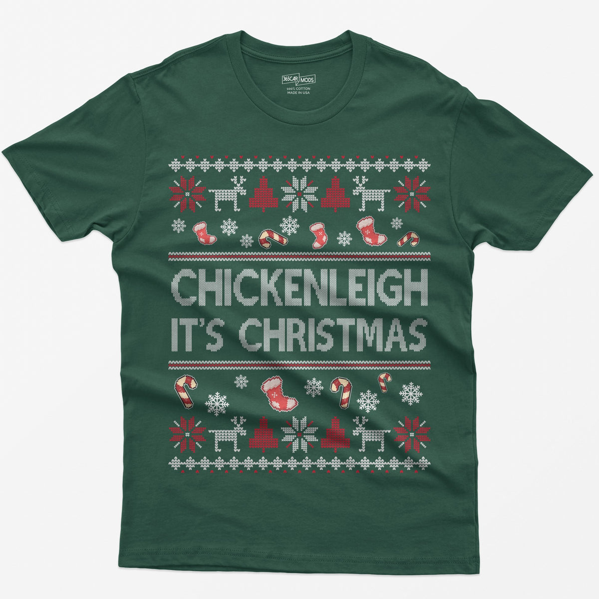 Forest Green t-shirt with Chickenleigh It's Christmas in knit-style letters with stockings, candy canes, reindeer and trees
