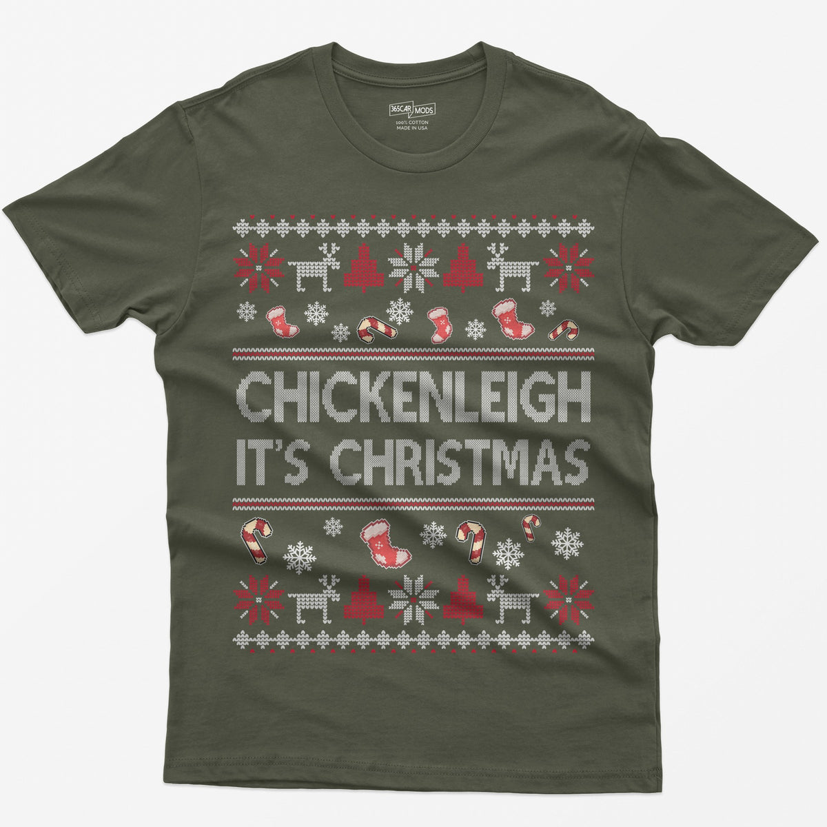 Military Green t-shirt with Chickenleigh It's Christmas in knit-style letters with stockings, candy canes, reindeer and trees