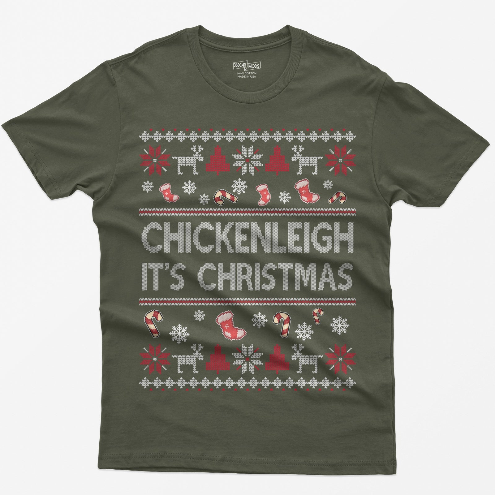 Military Green t-shirt with Chickenleigh It's Christmas in knit-style letters with stockings, candy canes, reindeer and trees