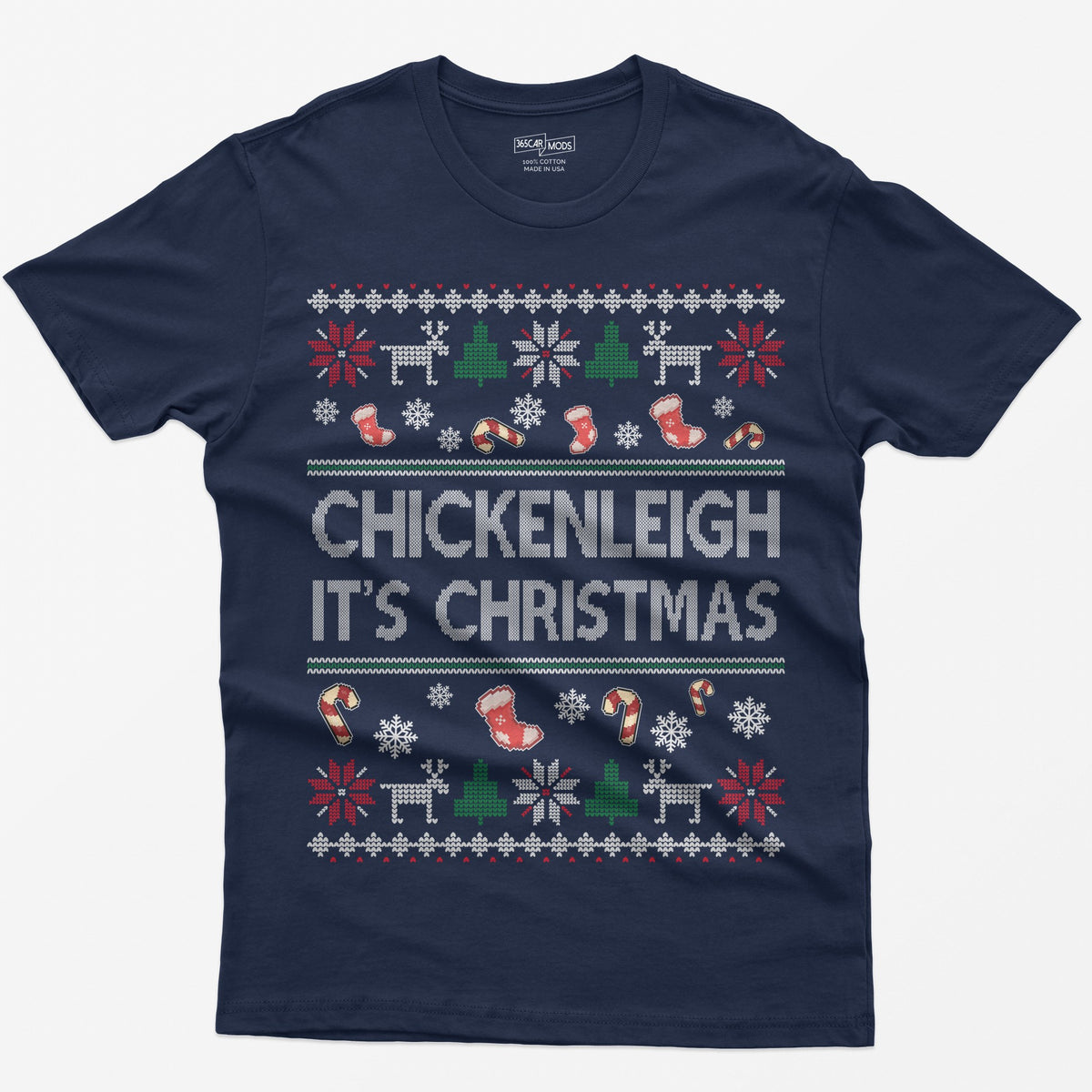 Navy t-shirt with Chickenleigh It's Christmas in knit-style letters with stockings, candy canes, reindeer and trees