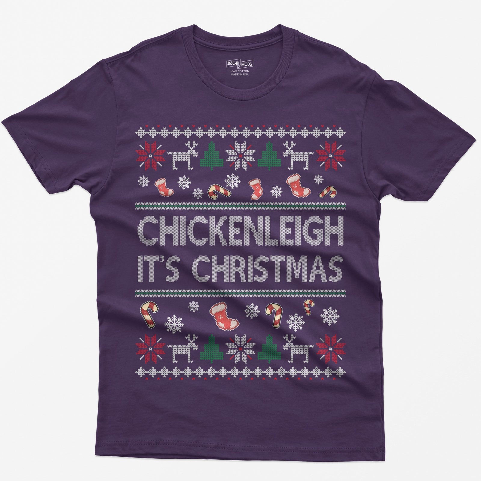 Purple t-shirt with Chickenleigh It's Christmas in knit-style letters with stockings, candy canes, reindeer and trees