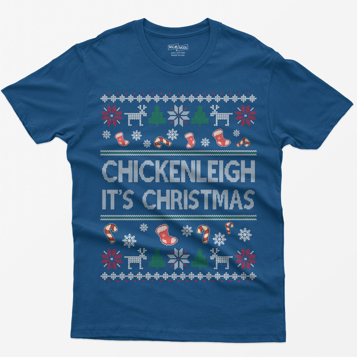 Royal t-shirt with Chickenleigh It's Christmas in knit-style letters with stockings, candy canes, reindeer and trees