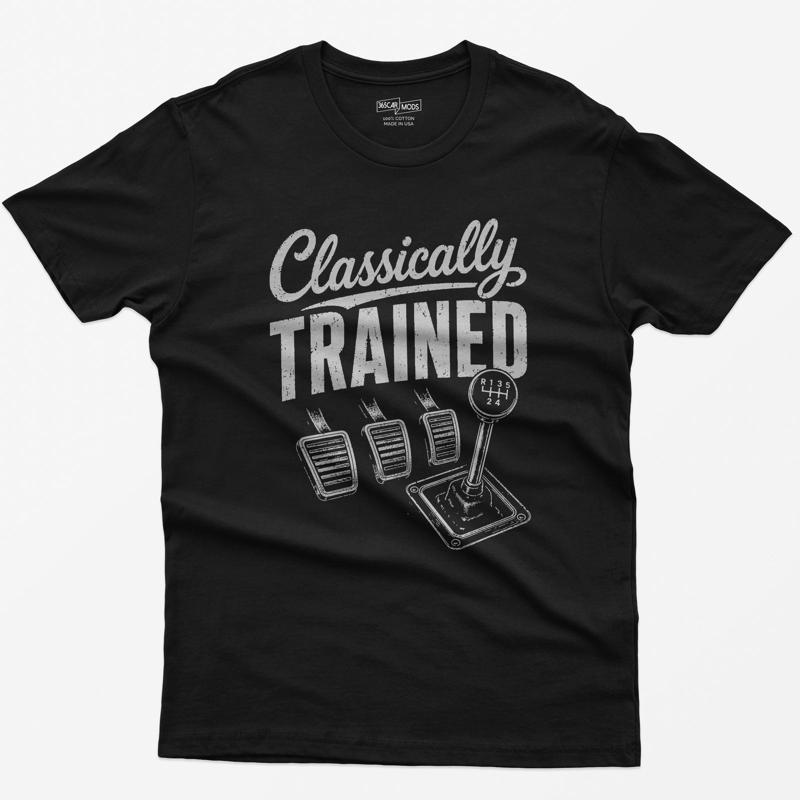Black t-shirt with Classically Trained text, three vintage pedals and a six-speed shifter with R 1 3 5 2 4 gate