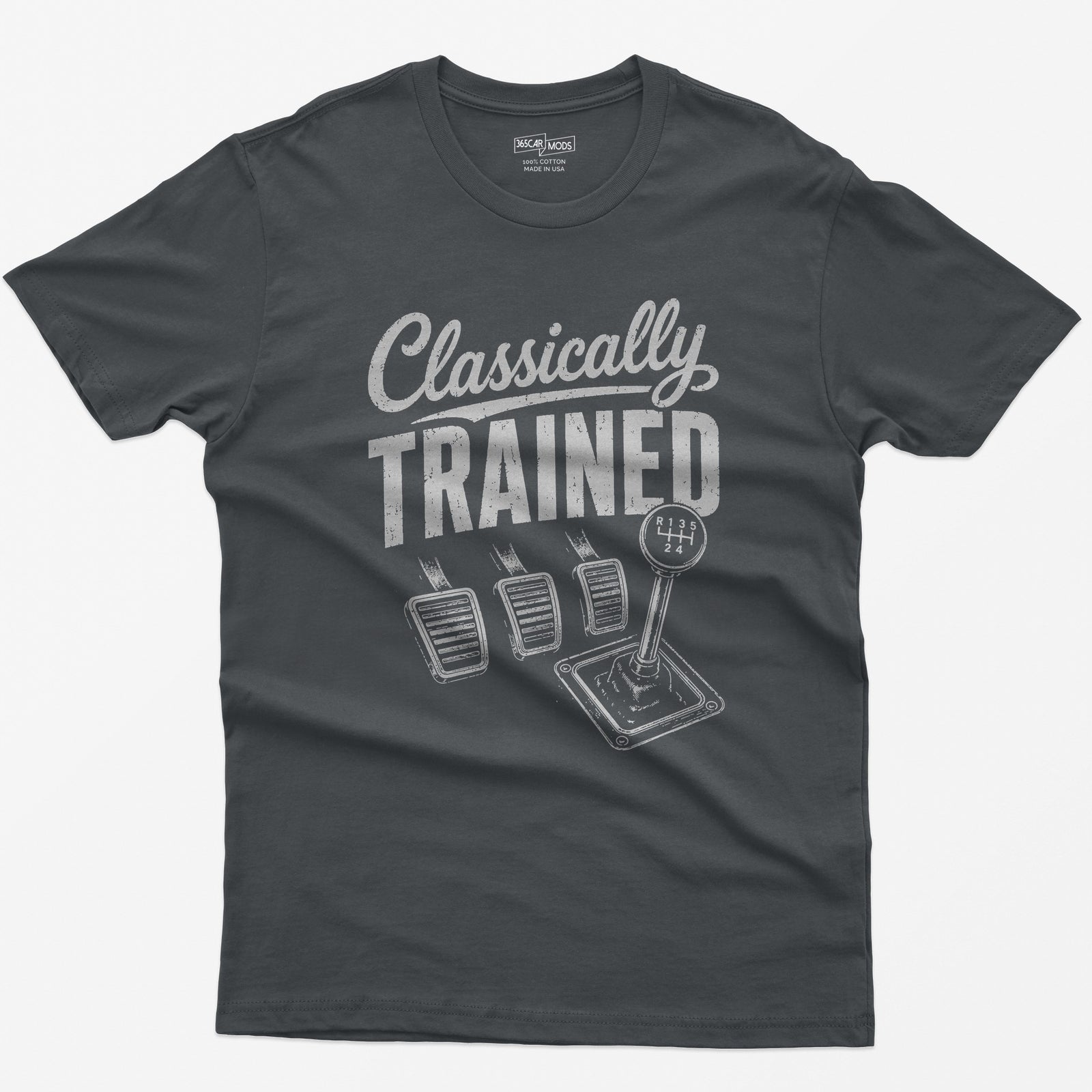 Charcoal t-shirt with Classically Trained text, three vintage pedals and a six-speed shifter with R 1 3 5 2 4 gate