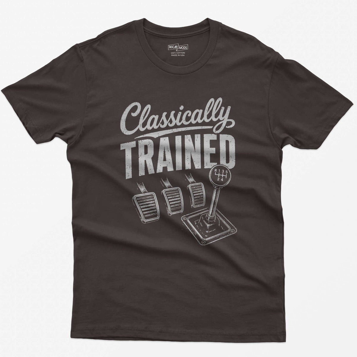 Dark Chocolate t-shirt with Classically Trained text, three vintage pedals and a six-speed shifter with R 1 3 5 2 4 gate