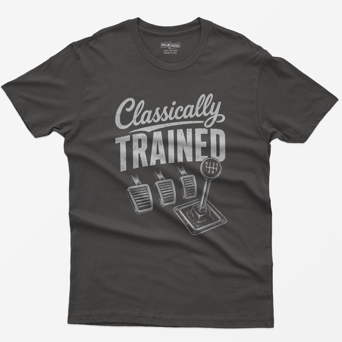 Dark Heather t-shirt with Classically Trained text, three vintage pedals and a six-speed shifter with R 1 3 5 2 4 gate