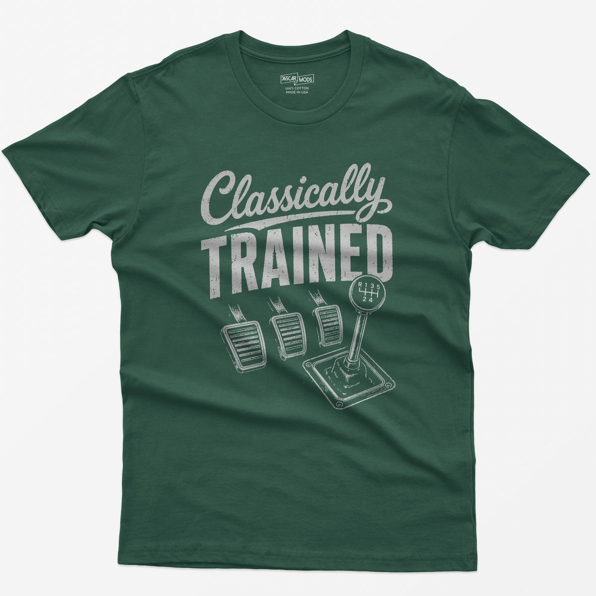 Forest Green t-shirt with Classically Trained text, three vintage pedals and a six-speed shifter with R 1 3 5 2 4 gate