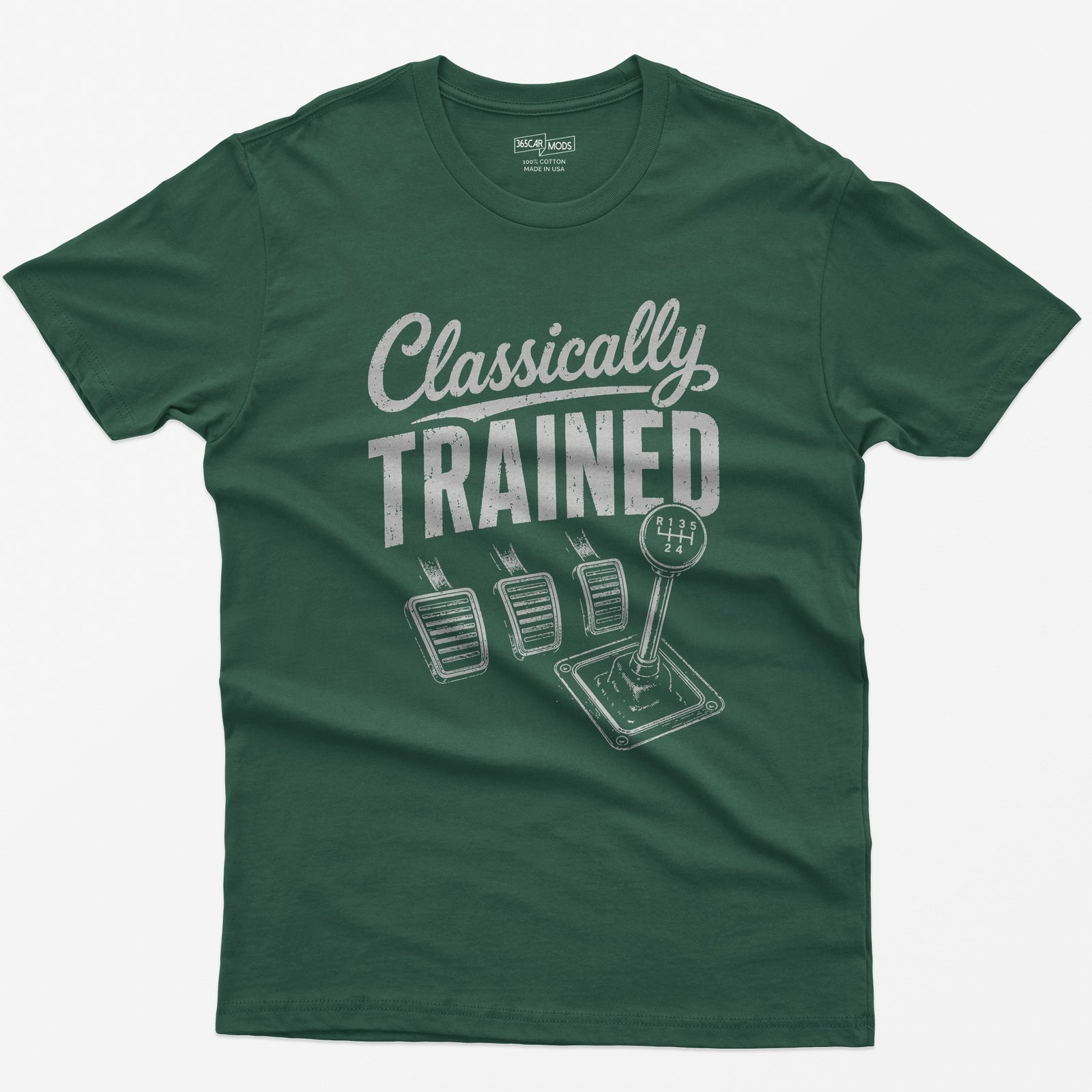 Forest Green t-shirt with Classically Trained text, three vintage pedals and a six-speed shifter with R 1 3 5 2 4 gate