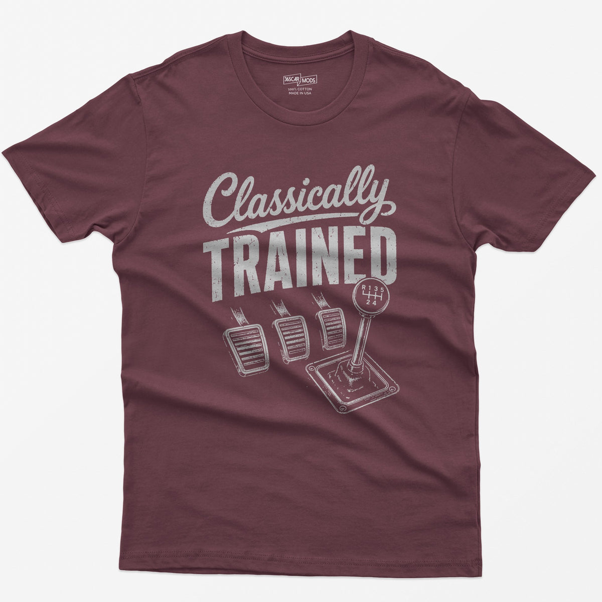 Maroon t-shirt with Classically Trained text, three vintage pedals and a six-speed shifter with R 1 3 5 2 4 gate