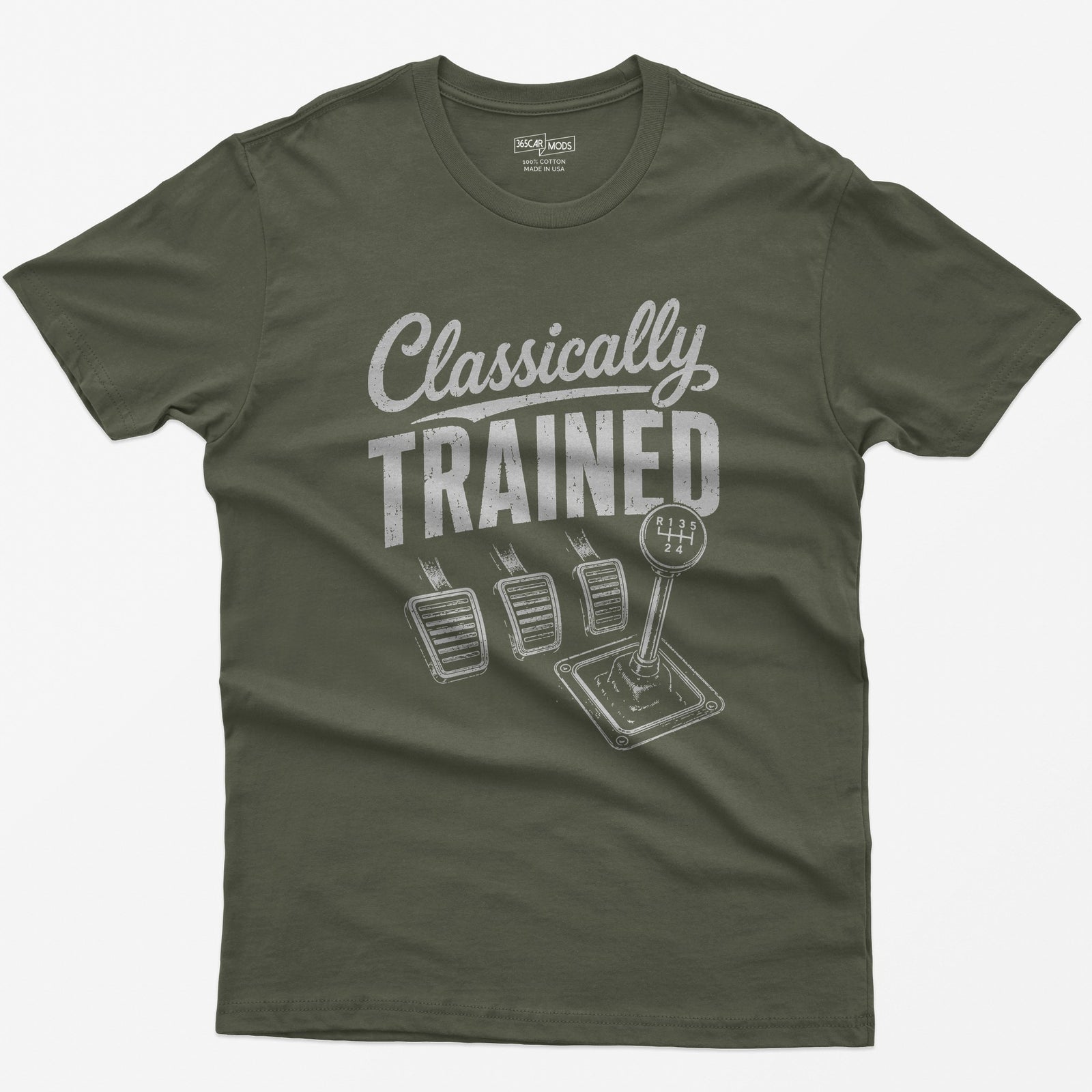 Military Green t-shirt with Classically Trained text, three vintage pedals and a six-speed shifter with R 1 3 5 2 4 gate