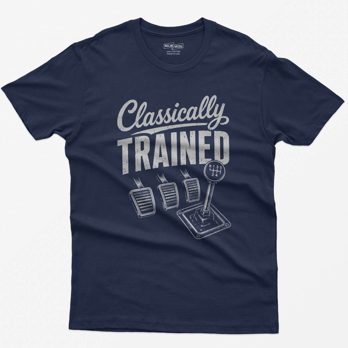 Navy t-shirt with Classically Trained text, three vintage pedals and a six-speed shifter with R 1 3 5 2 4 gate