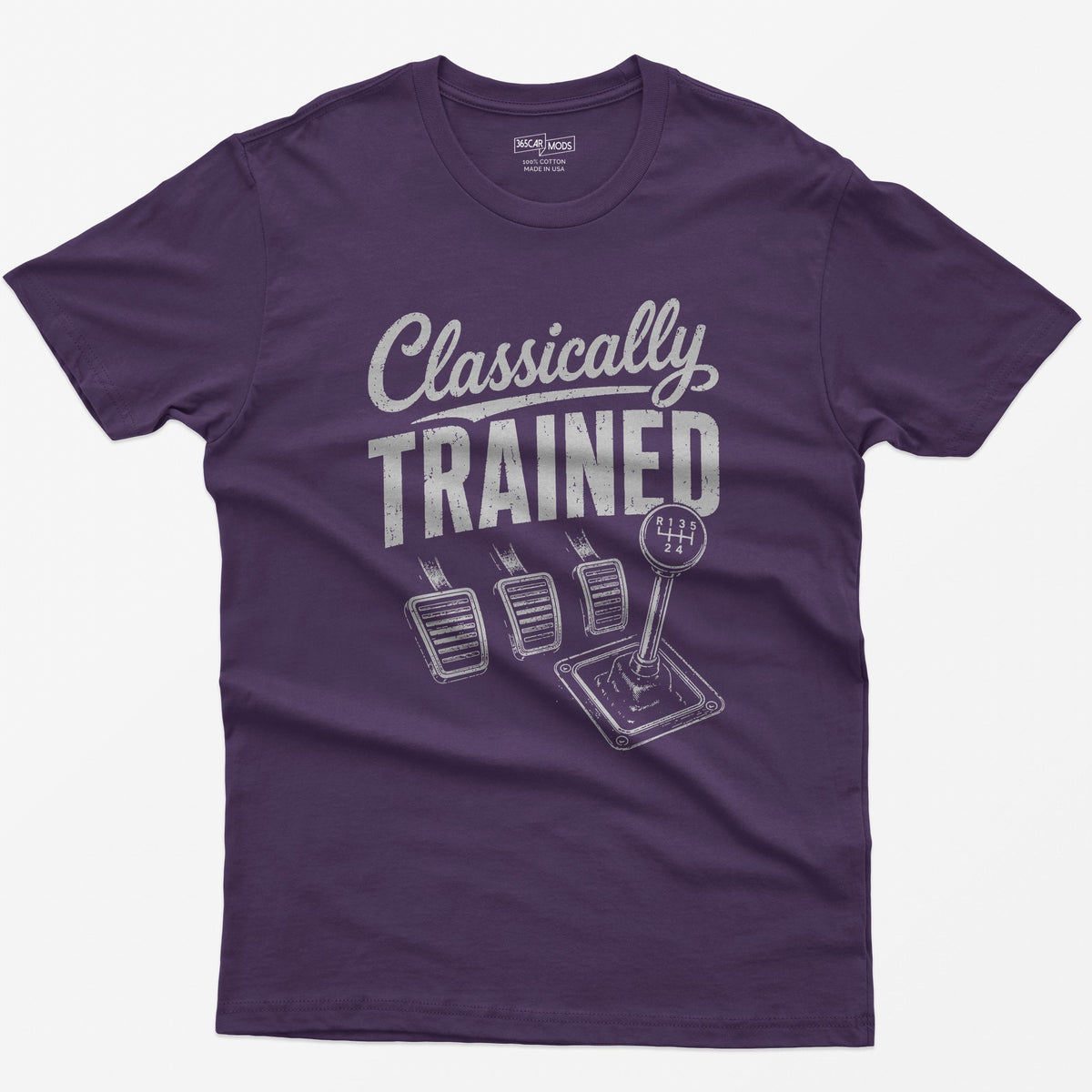 Purple t-shirt with Classically Trained text, three vintage pedals and a six-speed shifter with R 1 3 5 2 4 gate