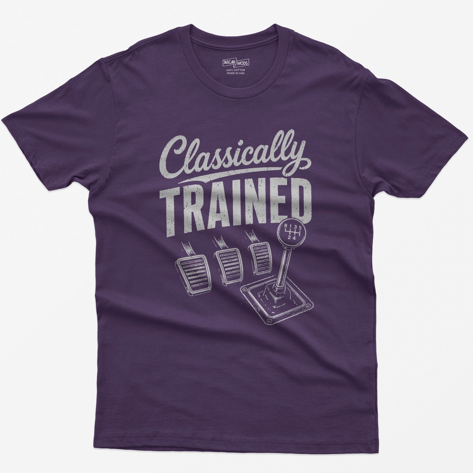 Purple t-shirt with Classically Trained text, three vintage pedals and a six-speed shifter with R 1 3 5 2 4 gate