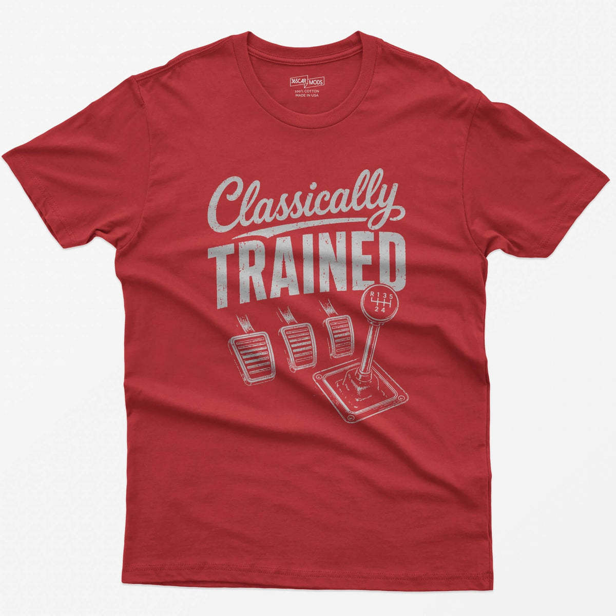 Red t-shirt with Classically Trained text, three vintage pedals and a six-speed shifter with R 1 3 5 2 4 gate