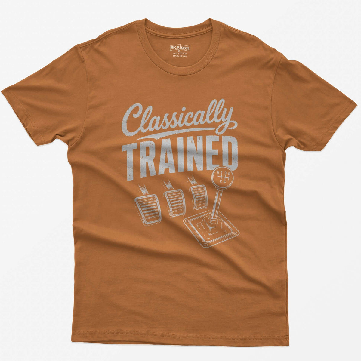 Texas Orange t-shirt with Classically Trained text, three vintage pedals and a six-speed shifter with R 1 3 5 2 4 gate