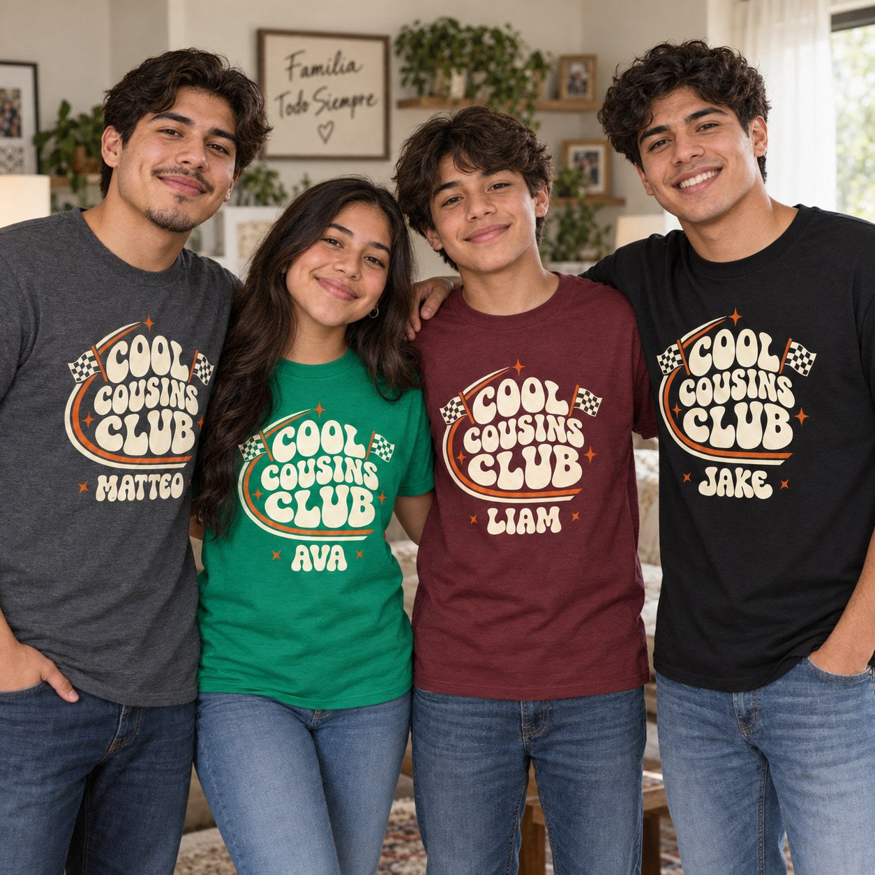 Four cousins in matching personalized Cool Cousins Club t-shirts with their names