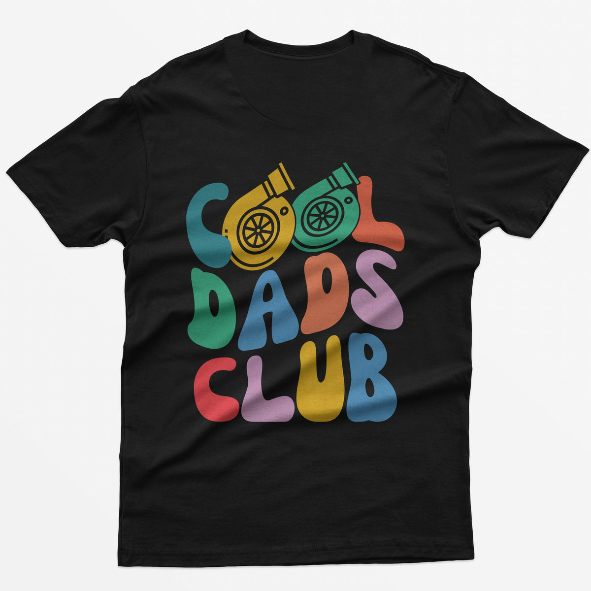 Black t-shirt with colorful retro Cool Dads Club back print, the O's in Cool drawn as two turbos
