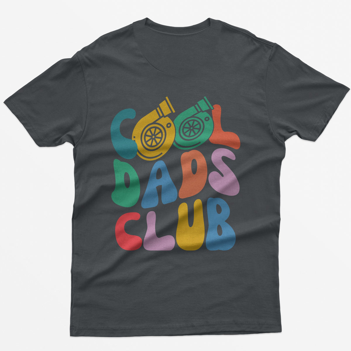 Charcoal t-shirt with colorful retro Cool Dads Club back print, the O's in Cool drawn as two turbos