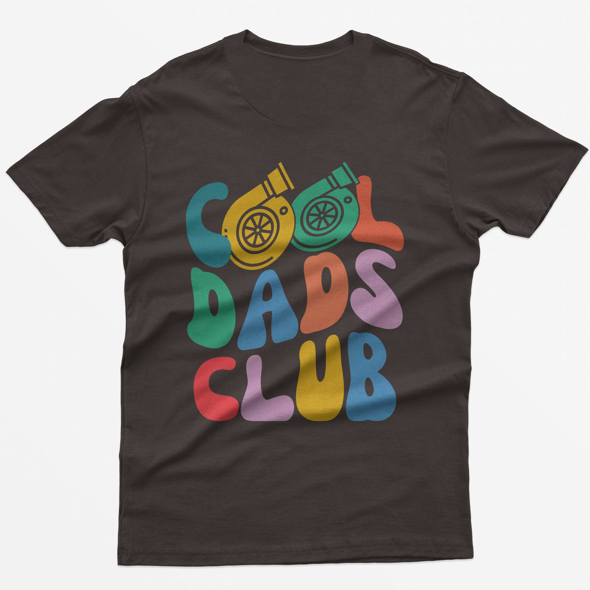 Dark Chocolate t-shirt with colorful retro Cool Dads Club back print, the O's in Cool drawn as two turbos