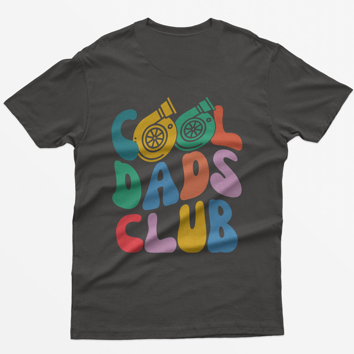 Dark Heather t-shirt with colorful retro Cool Dads Club back print, the O's in Cool drawn as two turbos