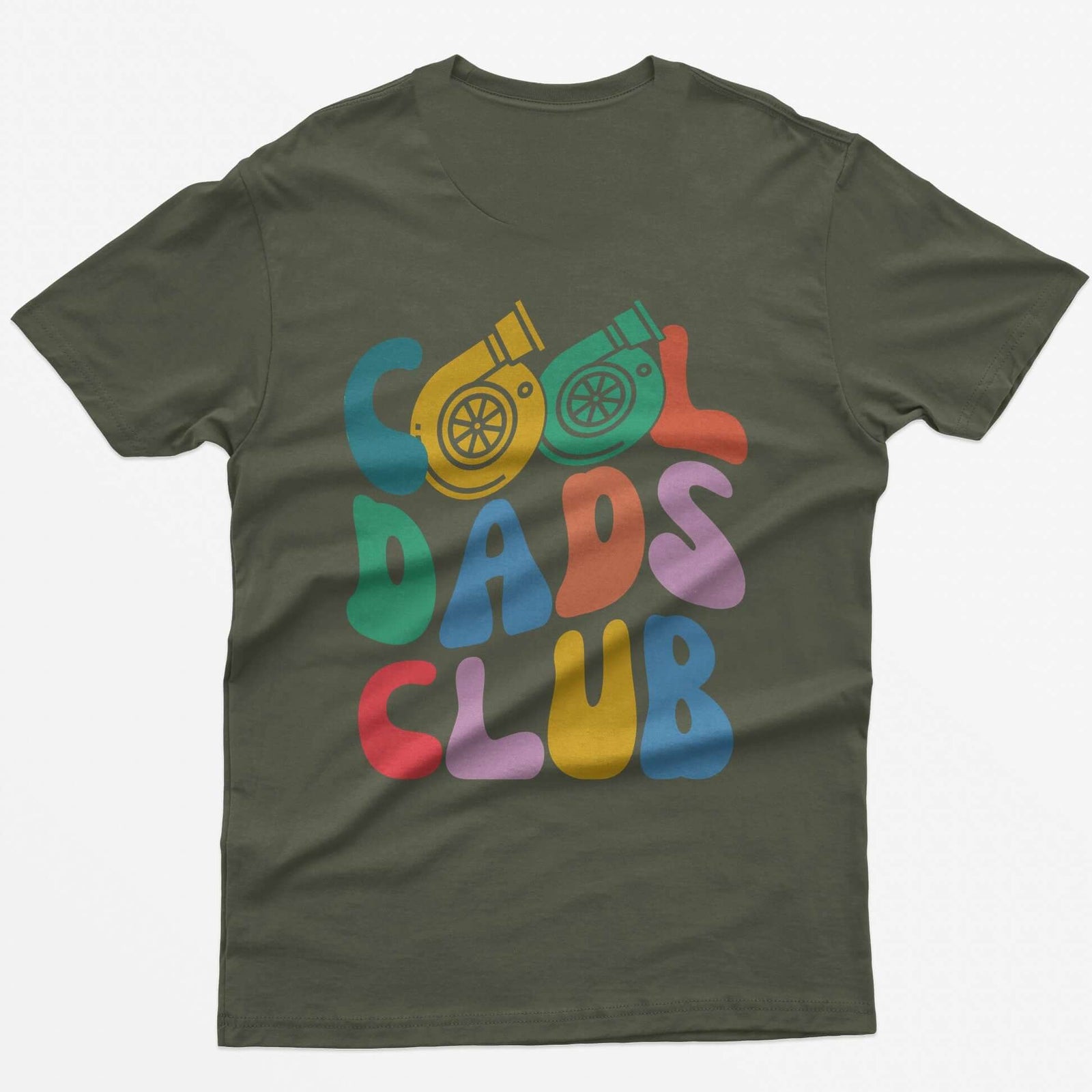 Military Green t-shirt with colorful retro Cool Dads Club back print, the O's in Cool drawn as two turbos