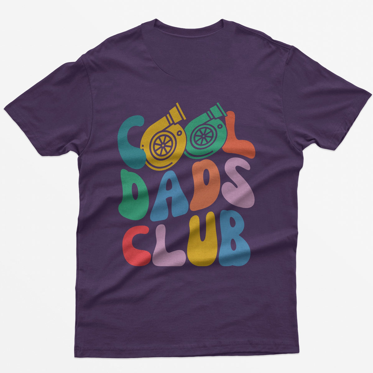 Purple t-shirt with colorful retro Cool Dads Club back print, the O's in Cool drawn as two turbos