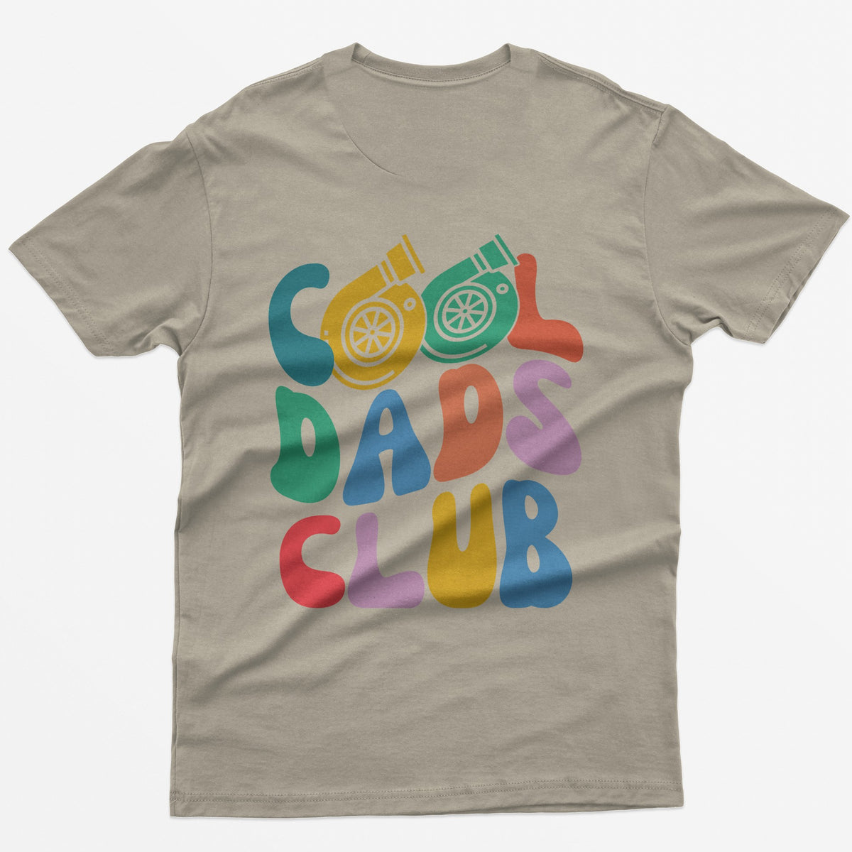 Sand t-shirt with colorful retro Cool Dads Club back print, the O's in Cool drawn as two turbos