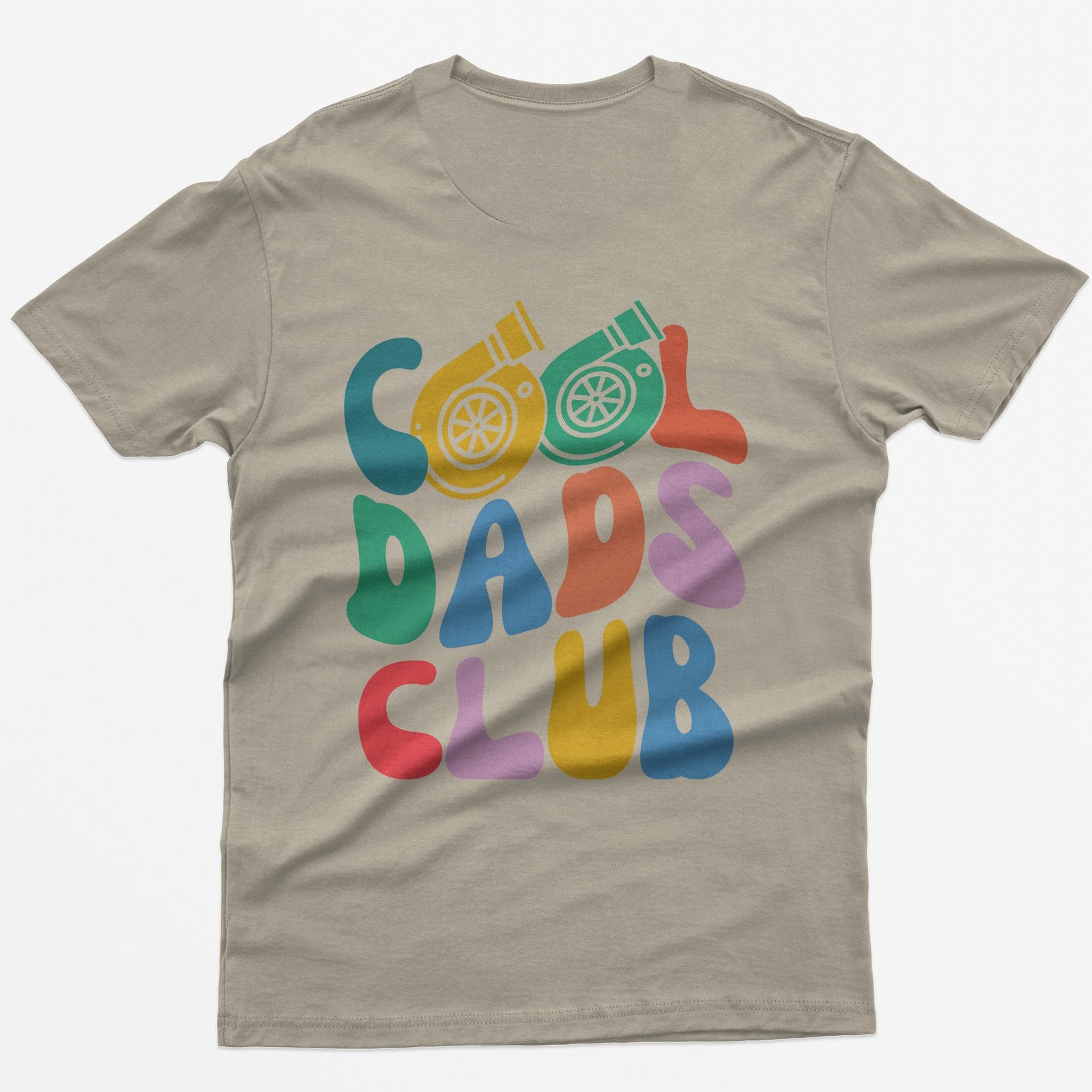Sand t-shirt with colorful retro Cool Dads Club back print, the O's in Cool drawn as two turbos