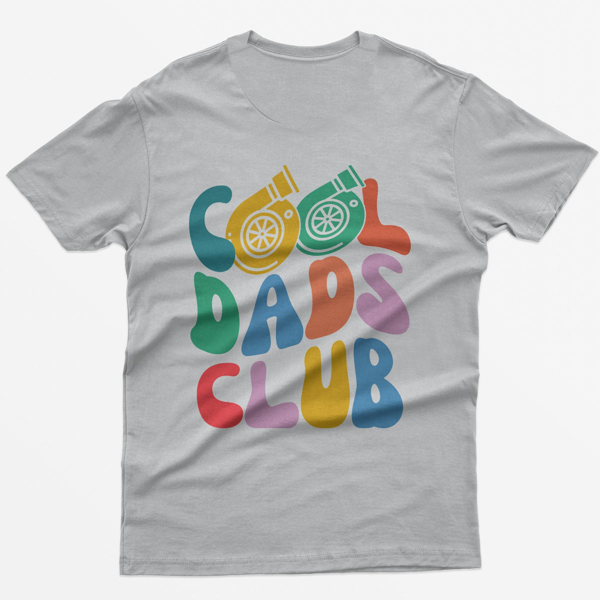 Sport Grey t-shirt with colorful retro Cool Dads Club back print, the O's in Cool drawn as two turbos