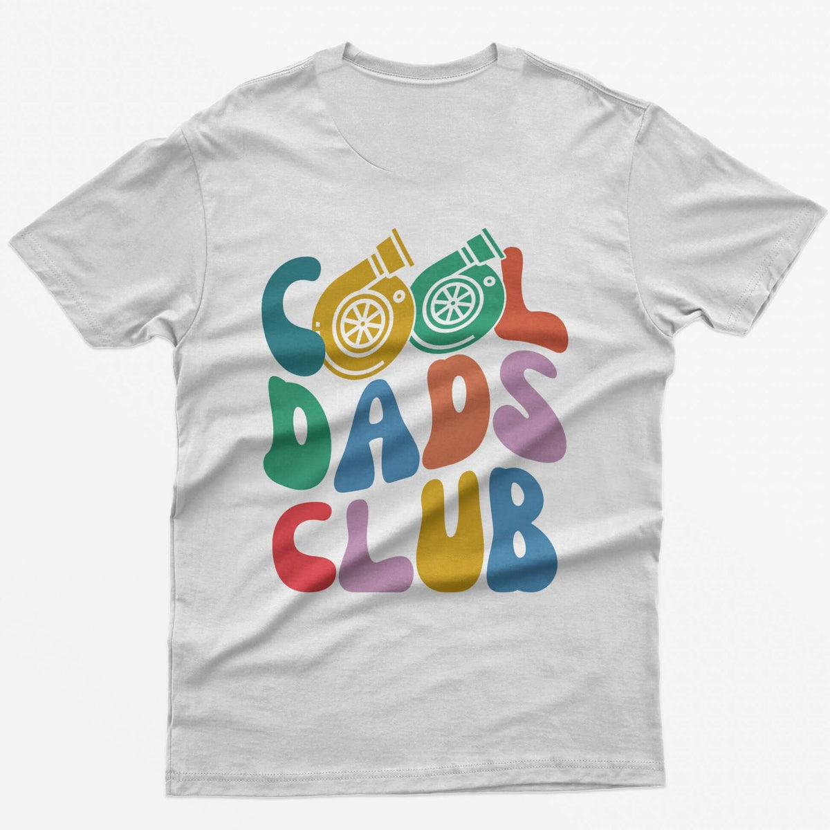 White t-shirt with colorful retro Cool Dads Club back print, the O's in Cool drawn as two turbos