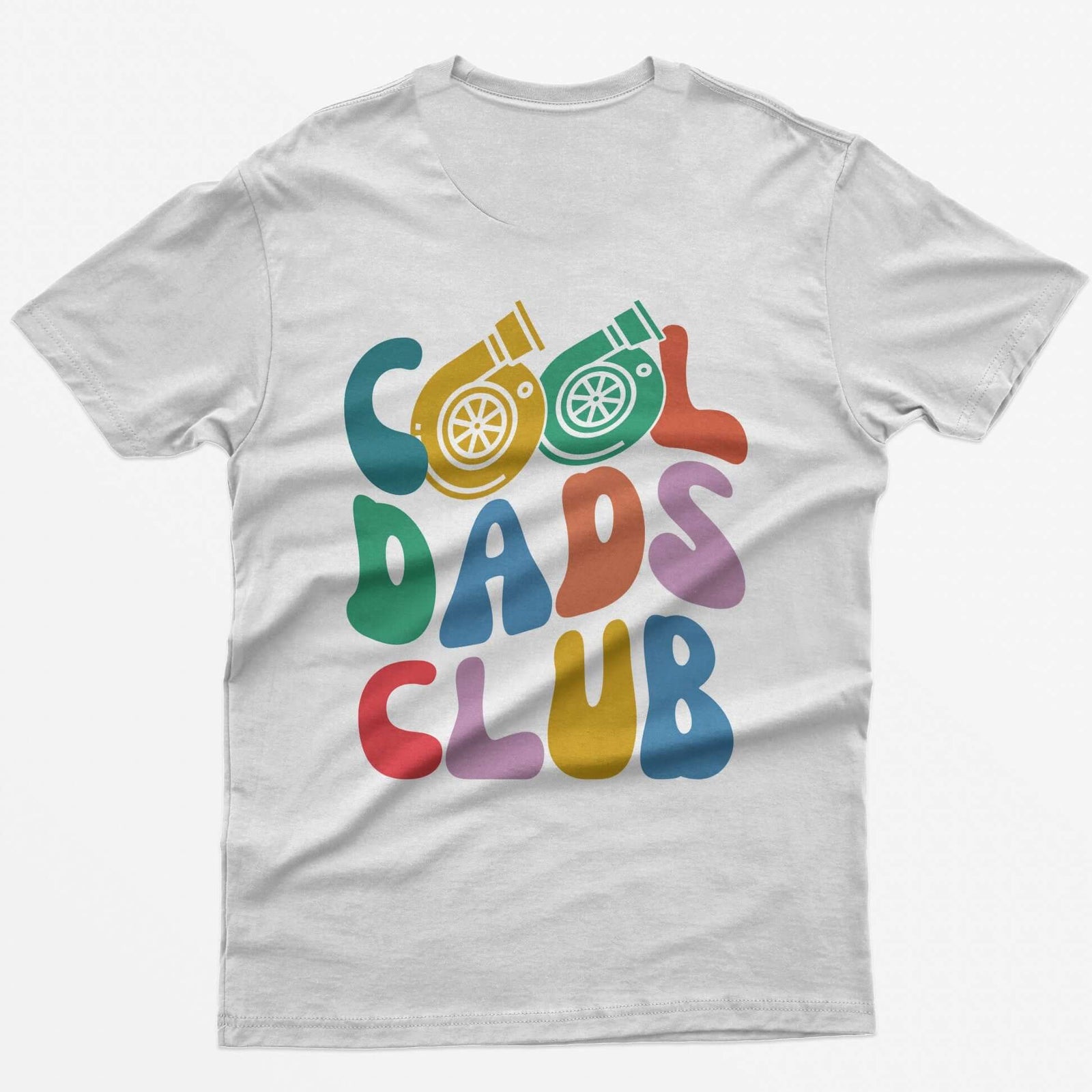 White t-shirt with colorful retro Cool Dads Club back print, the O's in Cool drawn as two turbos