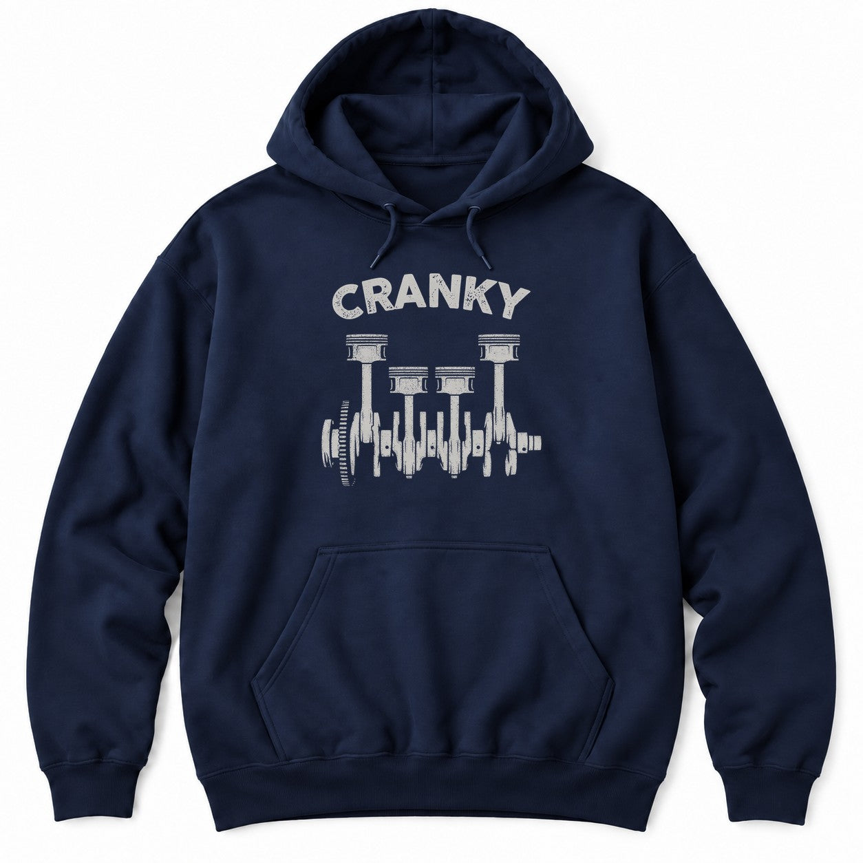Navy hoodie with CRANKY in distressed letters above a crankshaft with four pistons and connecting rods