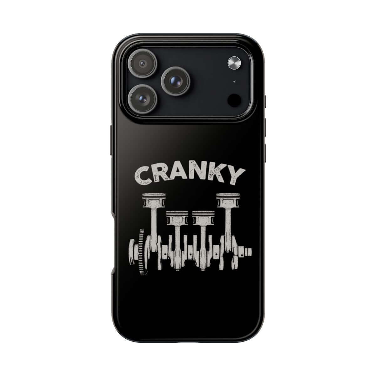 Cranky Mechanic tough phone case on iPhone 18 Pro Max, back view