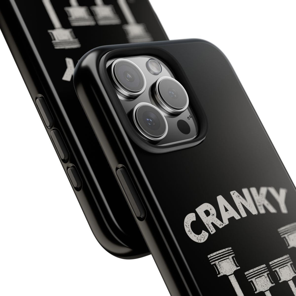 Cranky Mechanic tough phone case, close-up of the print