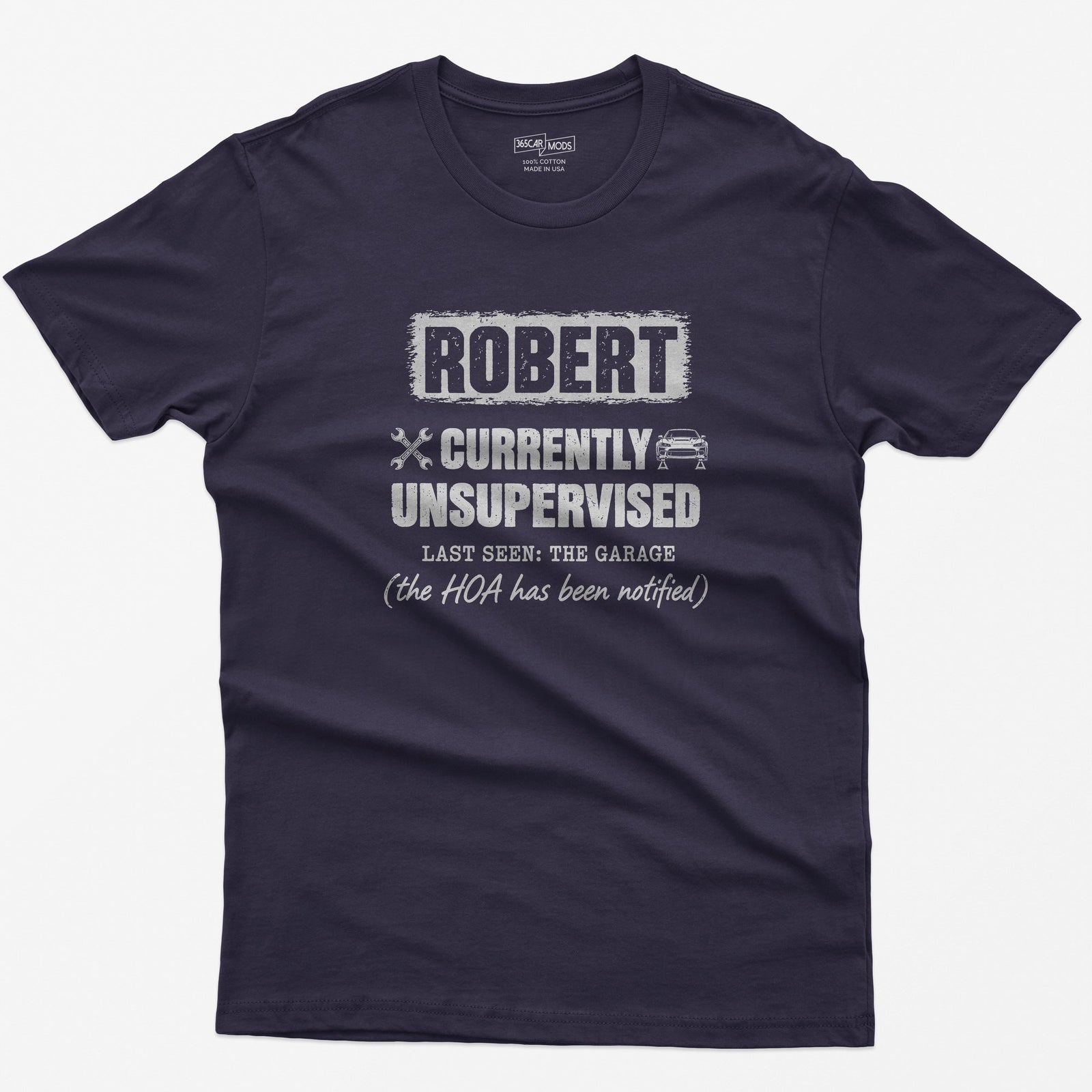Blackberry t-shirt with a personalized Currently Unsupervised print: his name in a box, Last Seen: The Garage