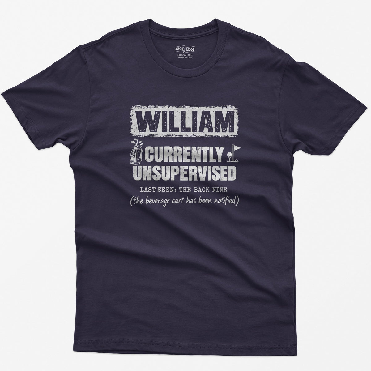 Blackberry t-shirt with a personalized Currently Unsupervised golf print: his name in a box, Last Seen: The Back Nine